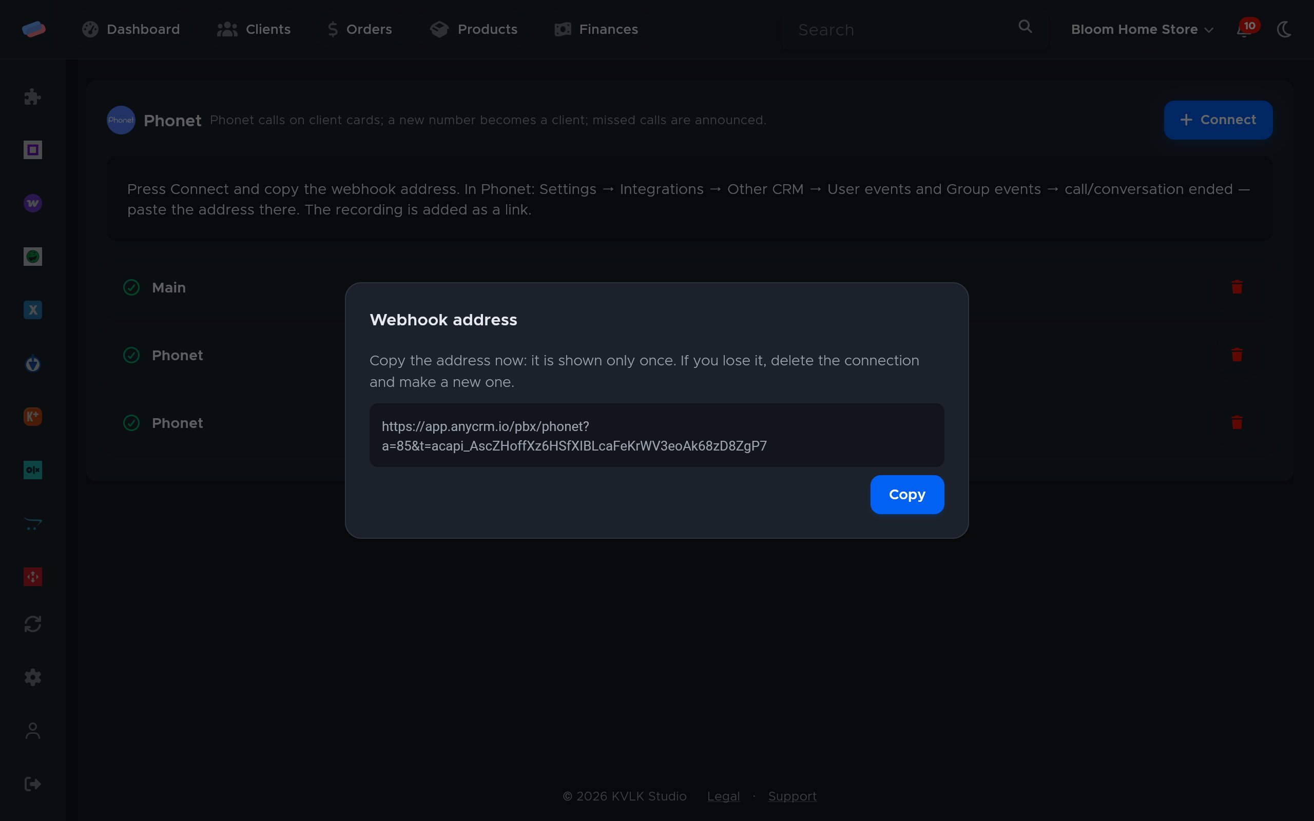 The “Phonet” connection dialog