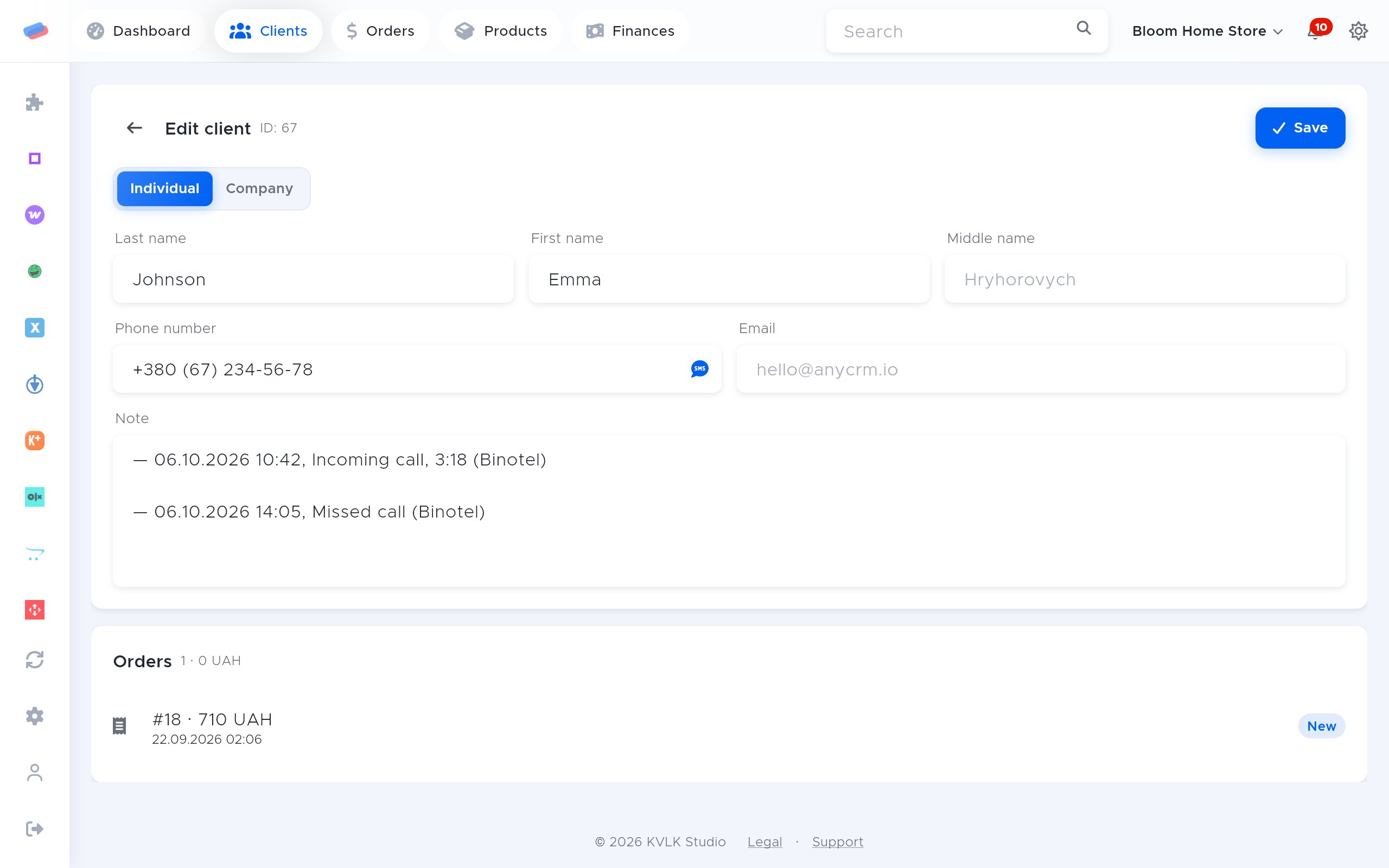 Where “Phonet” works: how it looks in anyCRM