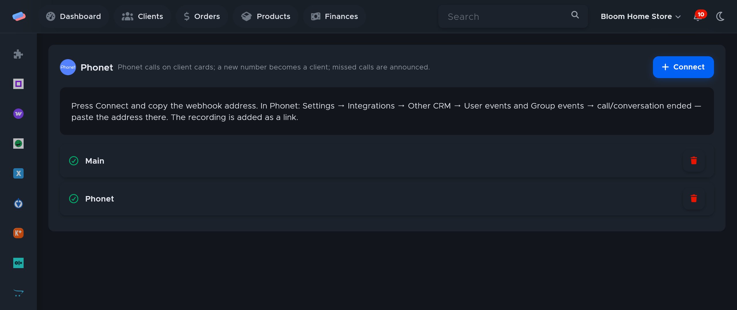 The “Phonet” module page in anyCRM