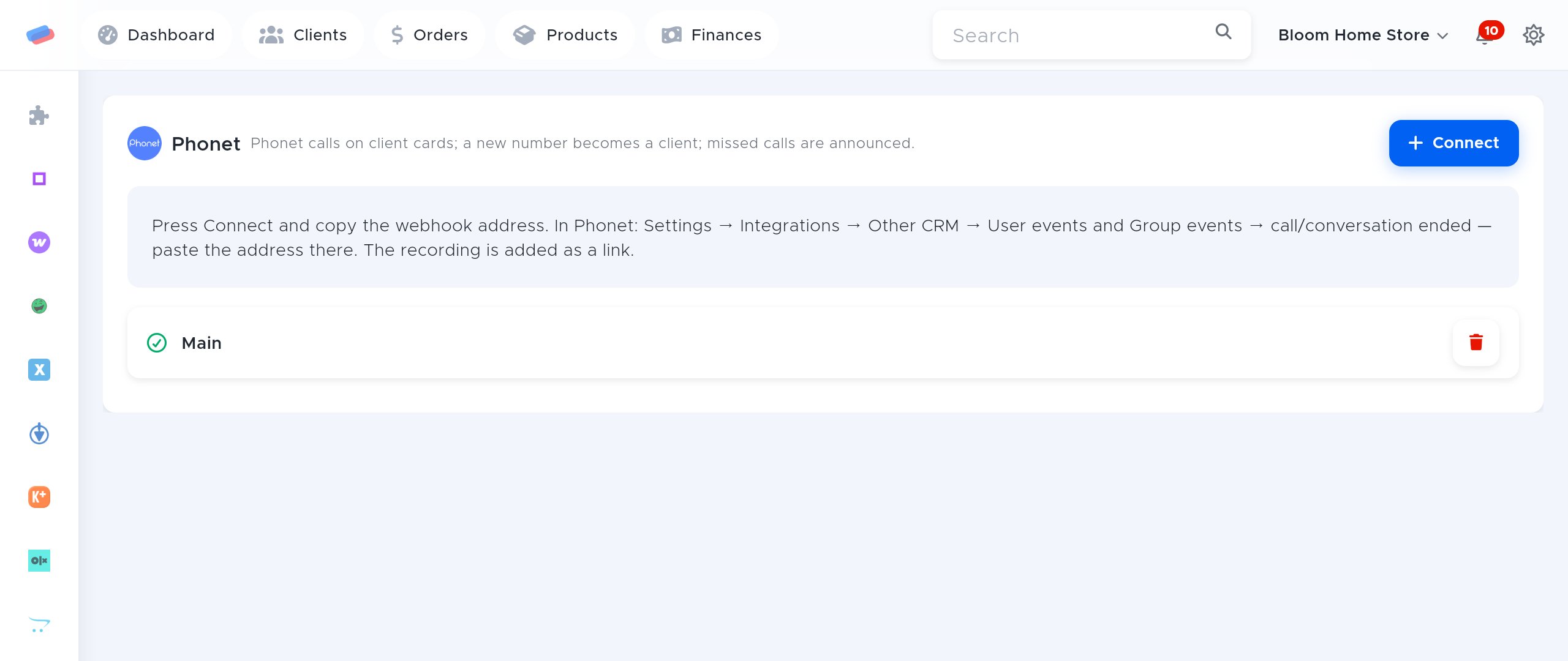 The “Phonet” module page in anyCRM