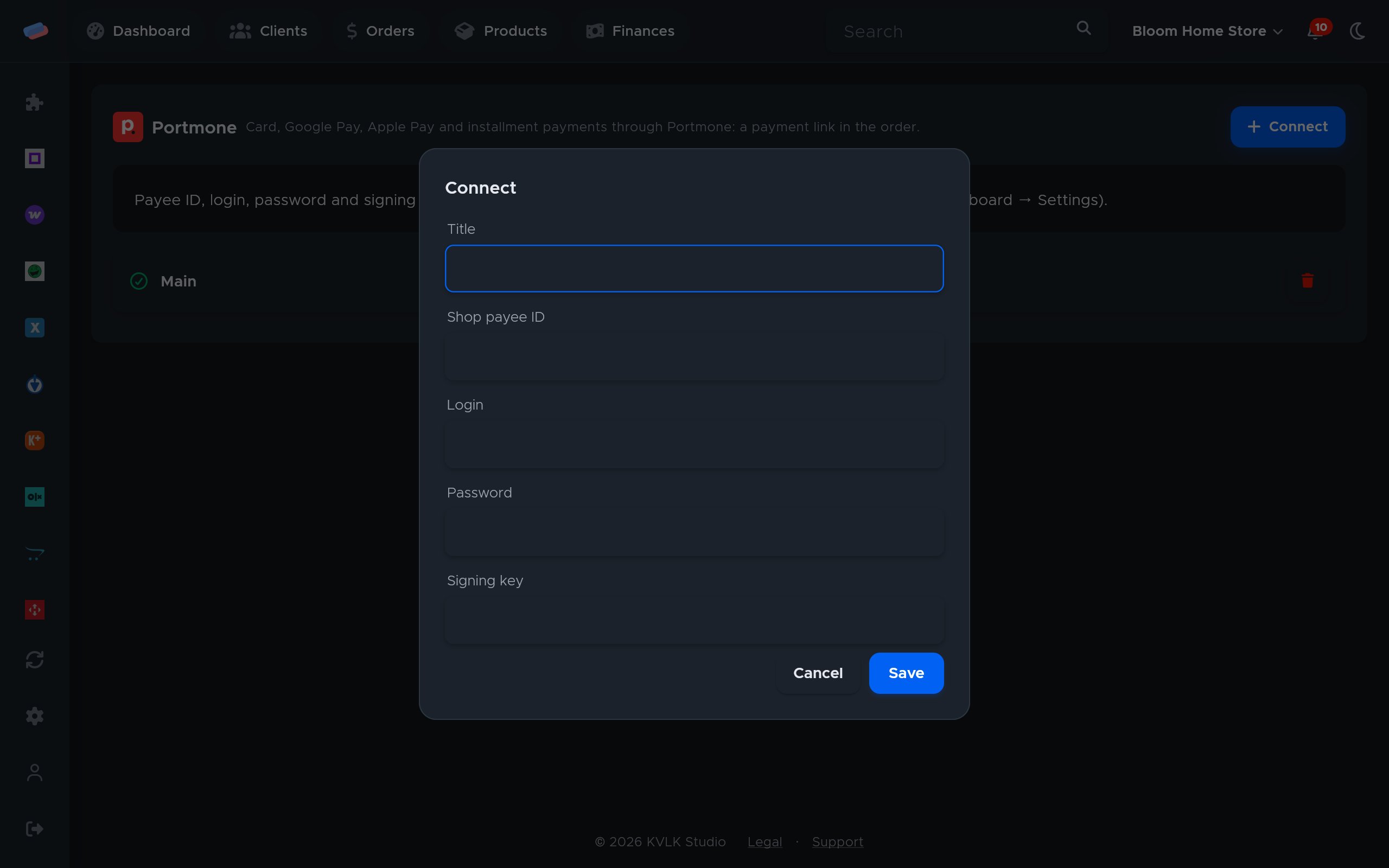 The “Portmone” connection dialog