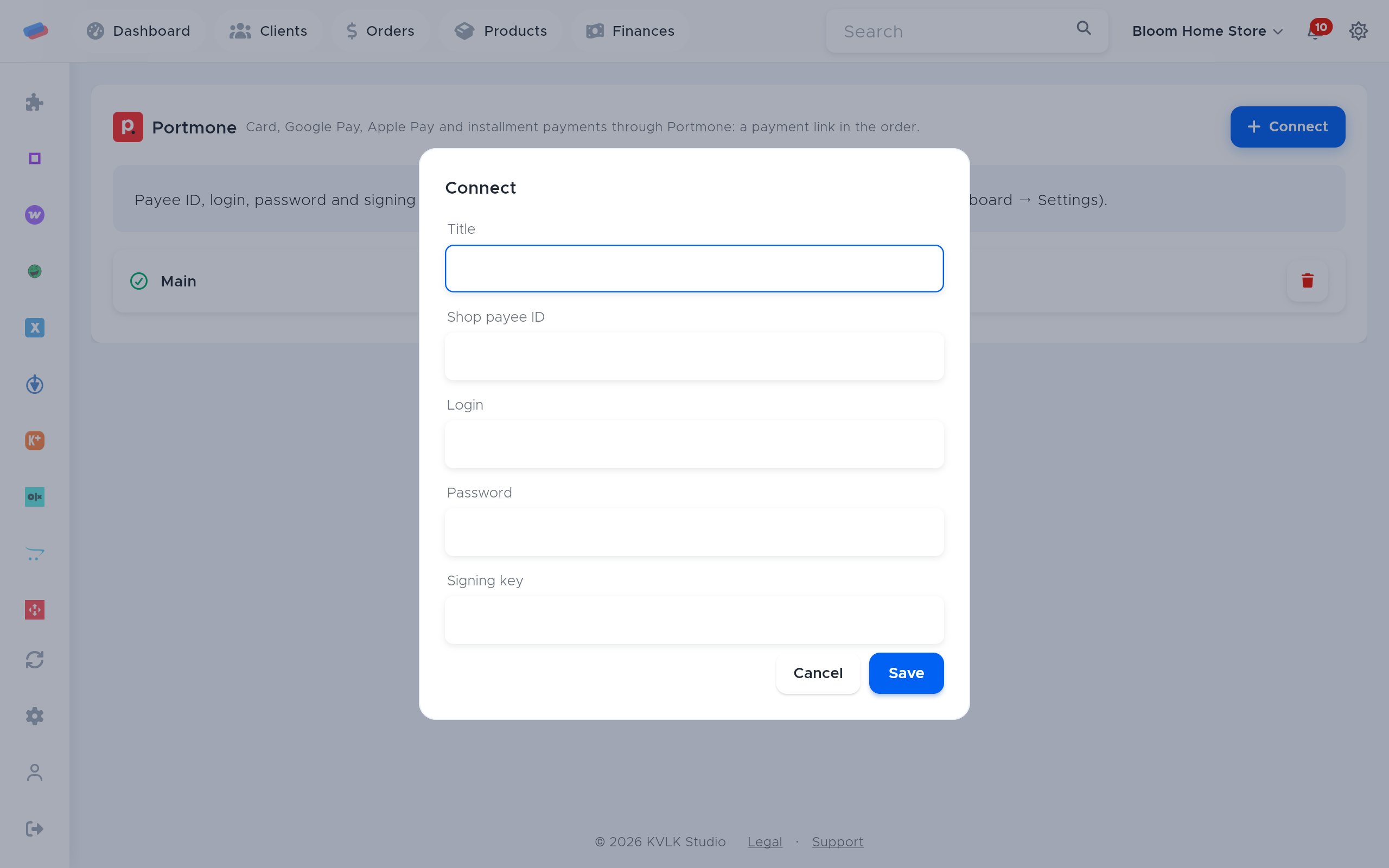The “Portmone” connection dialog