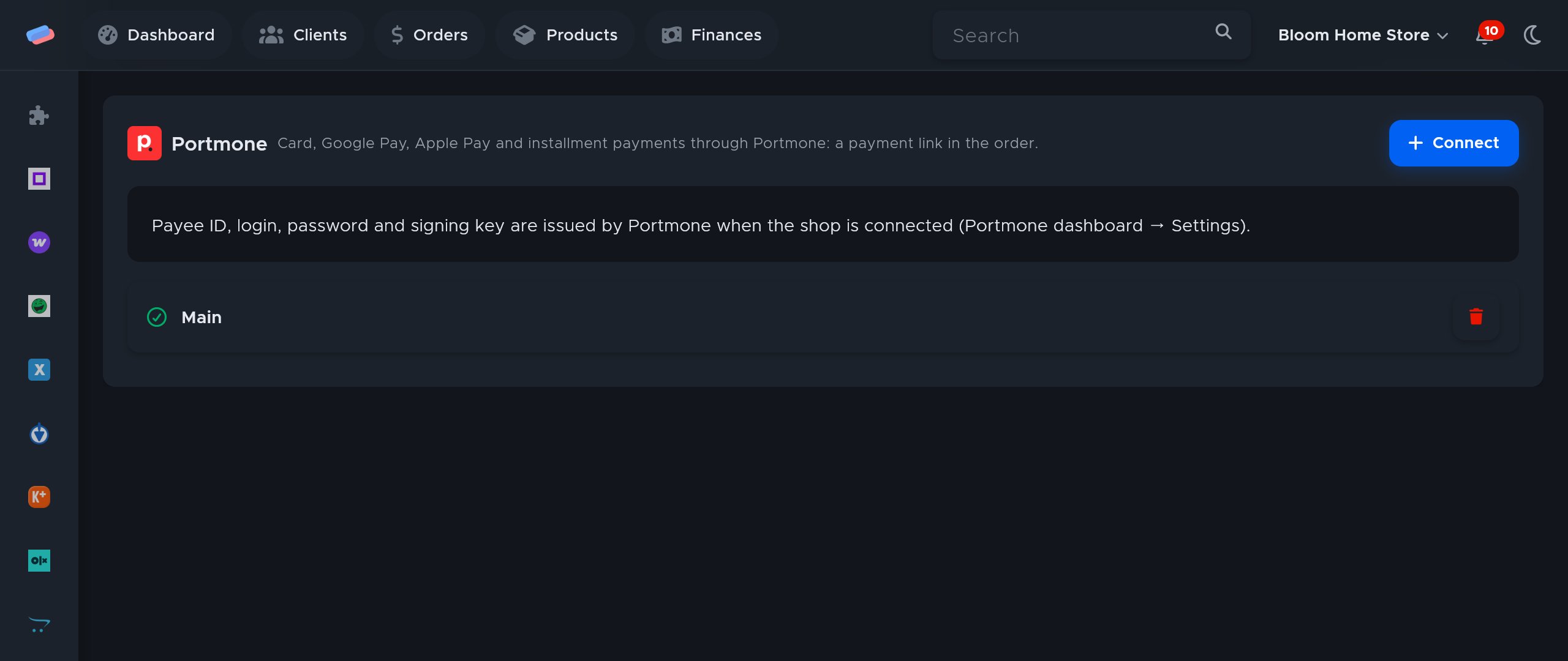 The “Portmone” module page in anyCRM