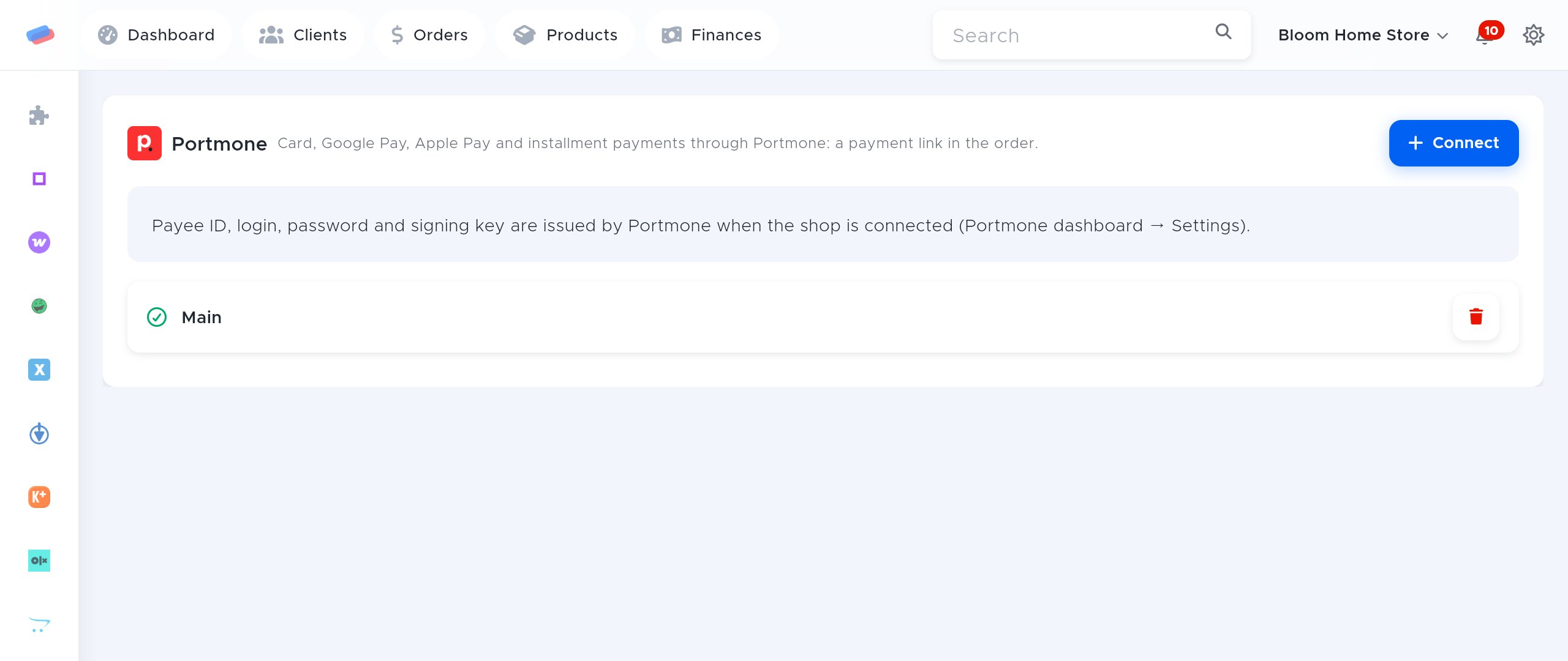 The “Portmone” module page in anyCRM