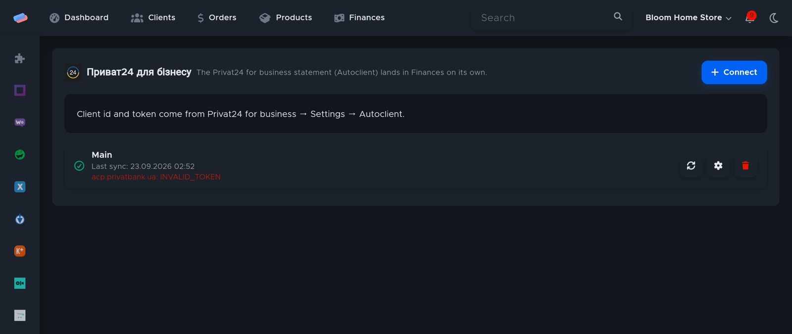 The “Privat24 for Business” module page in anyCRM