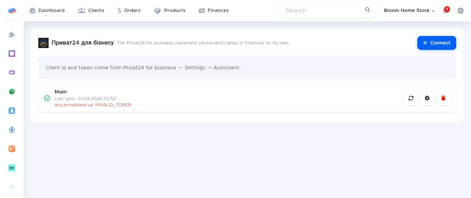 The “Privat24 for Business” module page in anyCRM