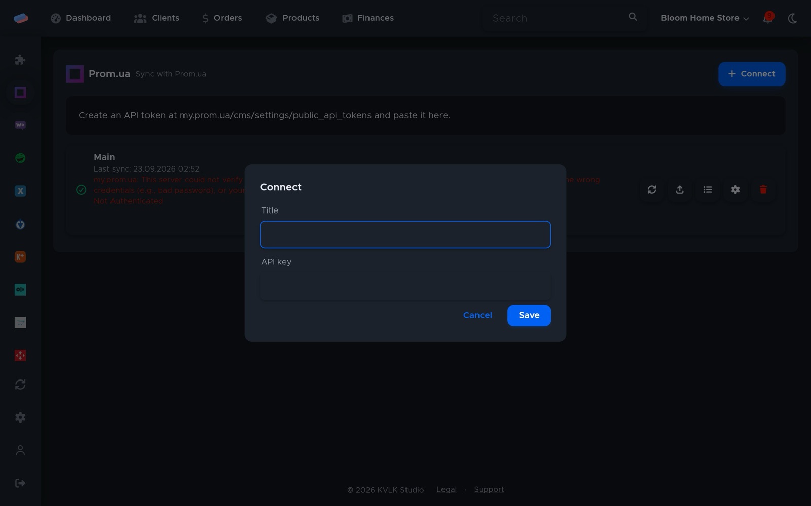 The “Prom.ua” connection dialog
