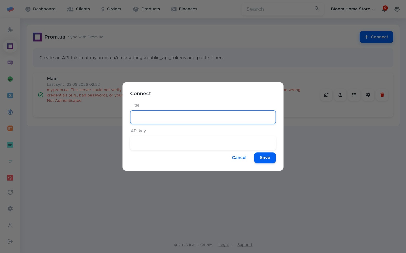 The “Prom.ua” connection dialog