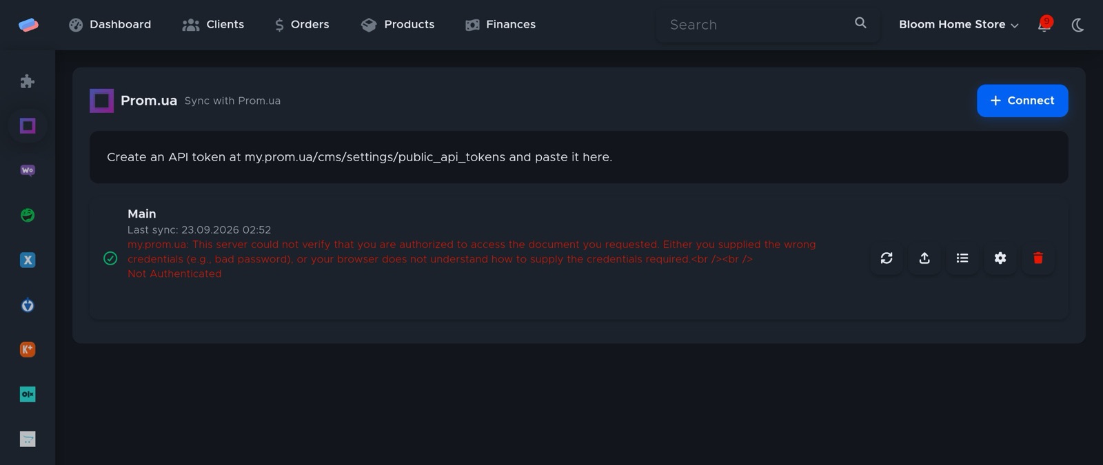The “Prom.ua” module page in anyCRM
