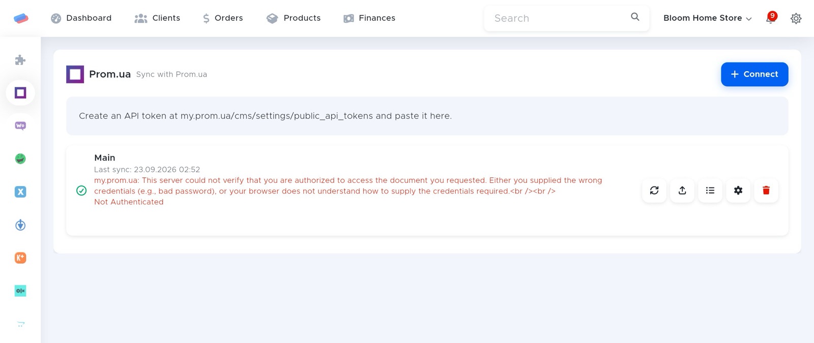 The “Prom.ua” module page in anyCRM
