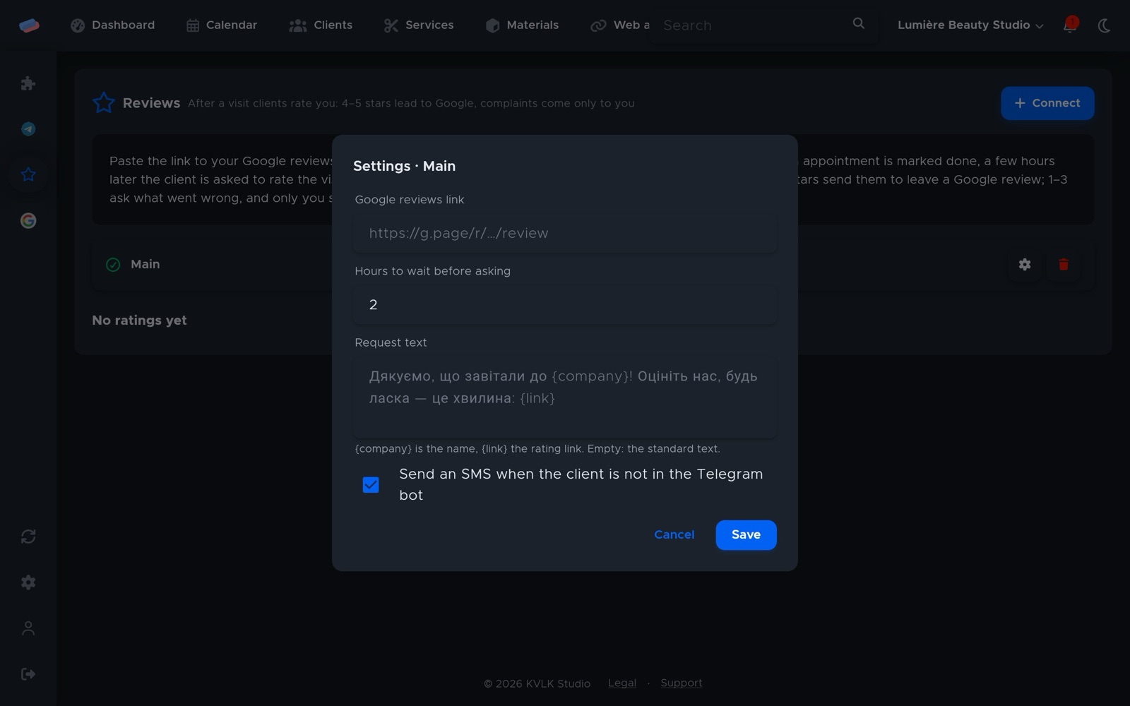 “Google reviews” settings after connecting