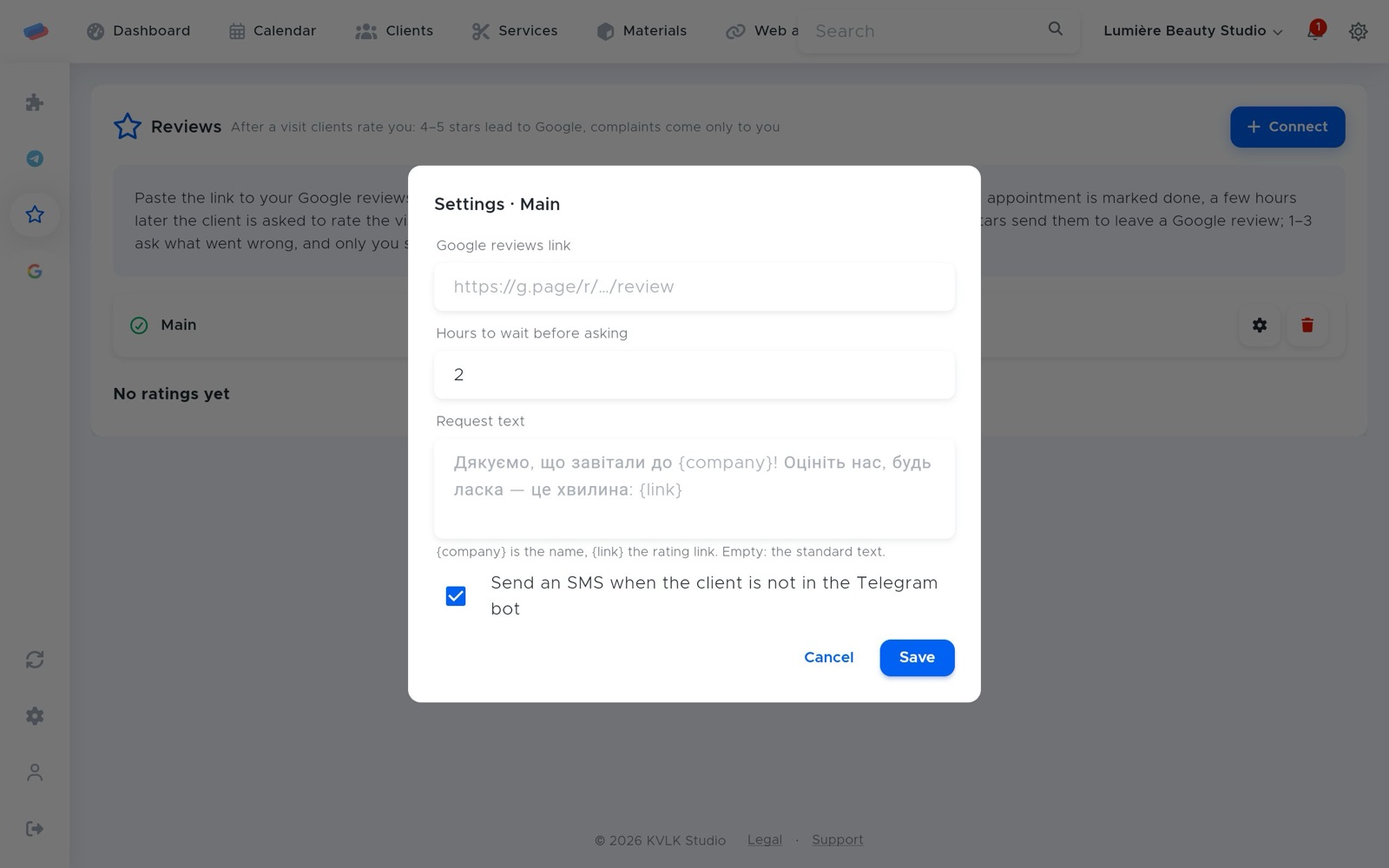 “Google reviews” settings after connecting