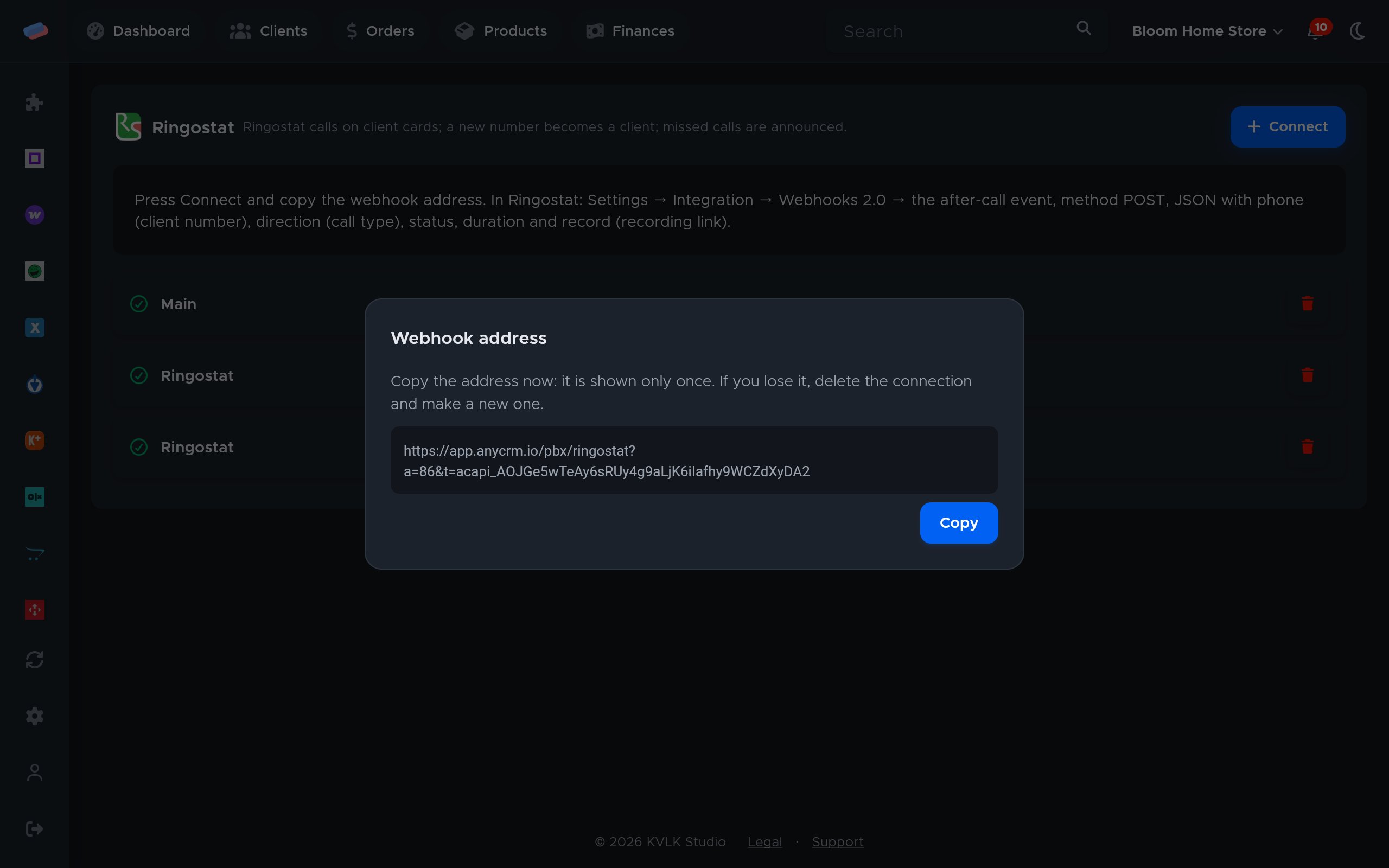 The “Ringostat” connection dialog