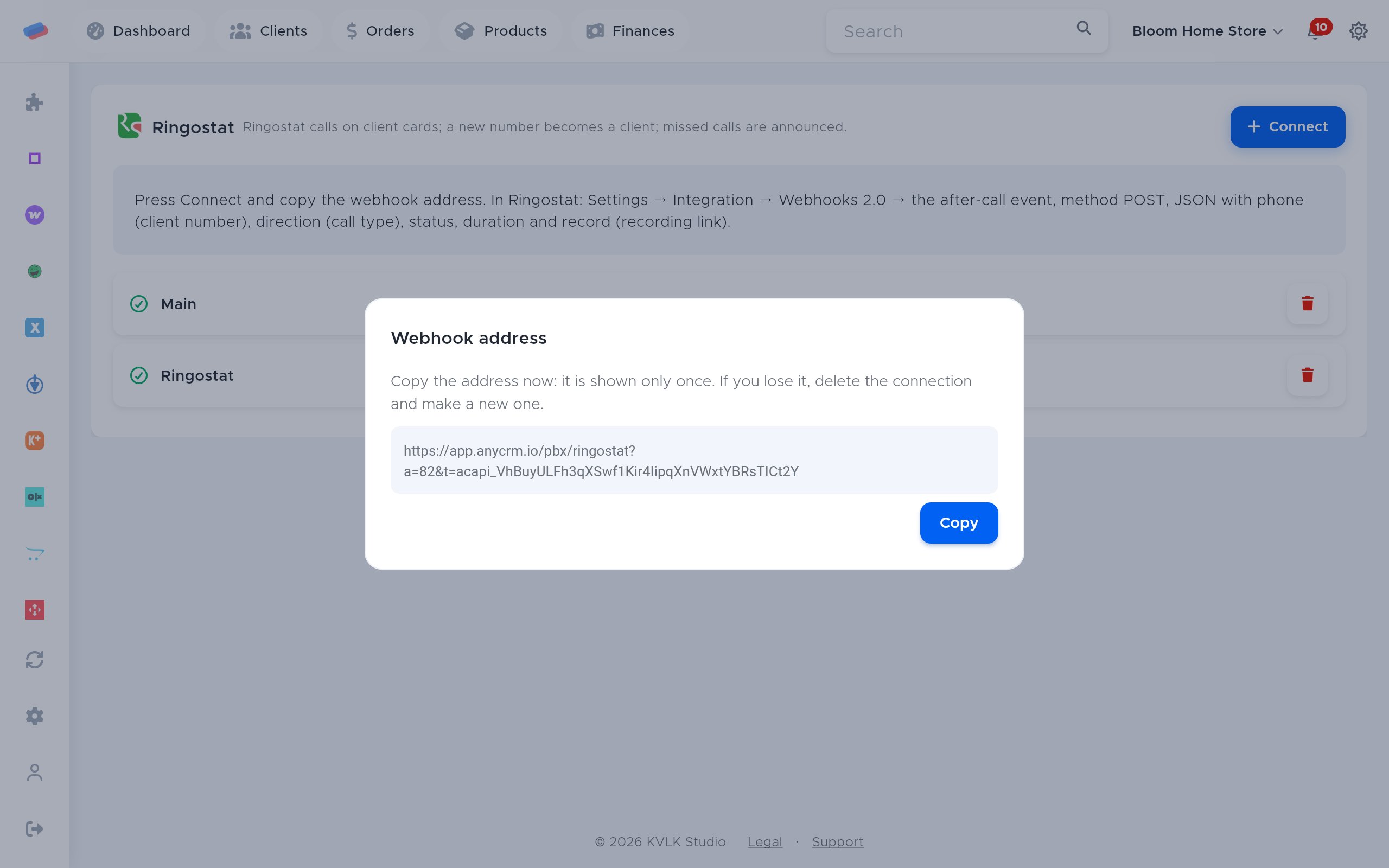The “Ringostat” connection dialog