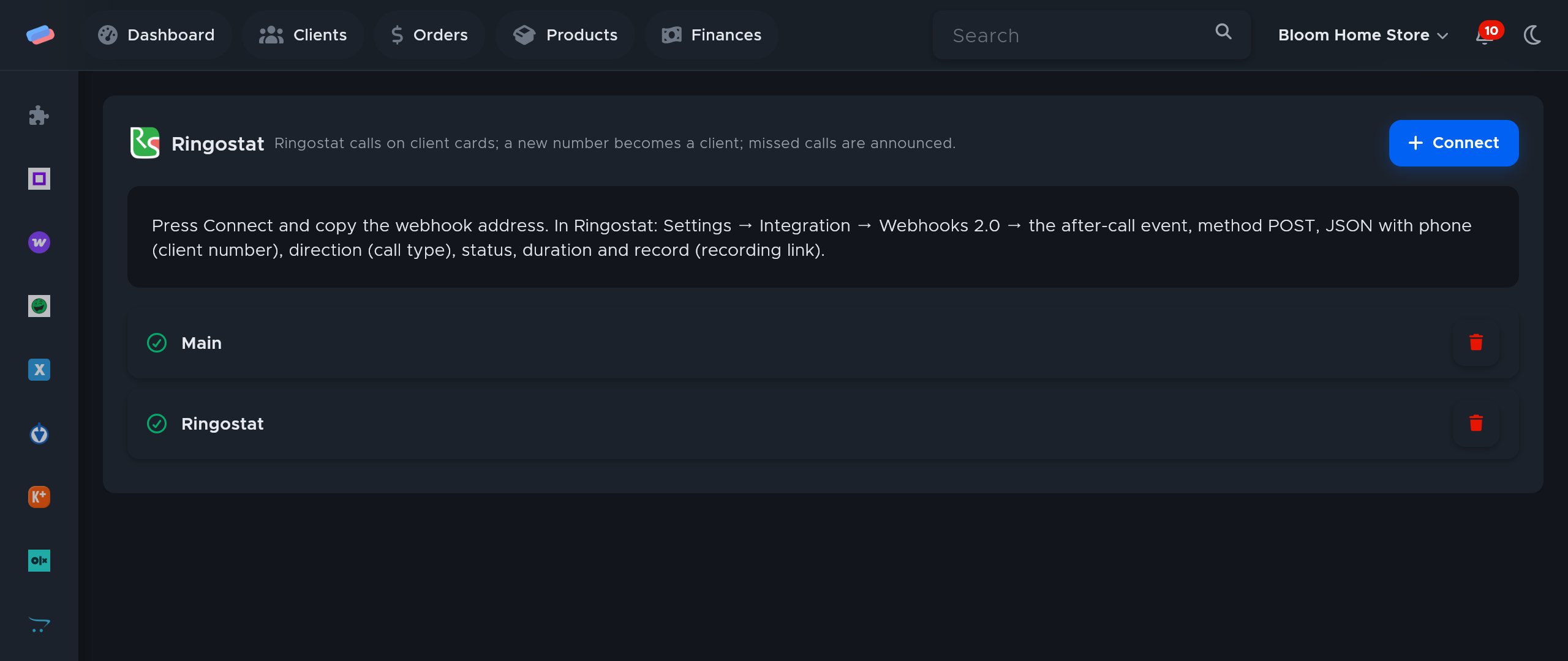 The “Ringostat” module page in anyCRM