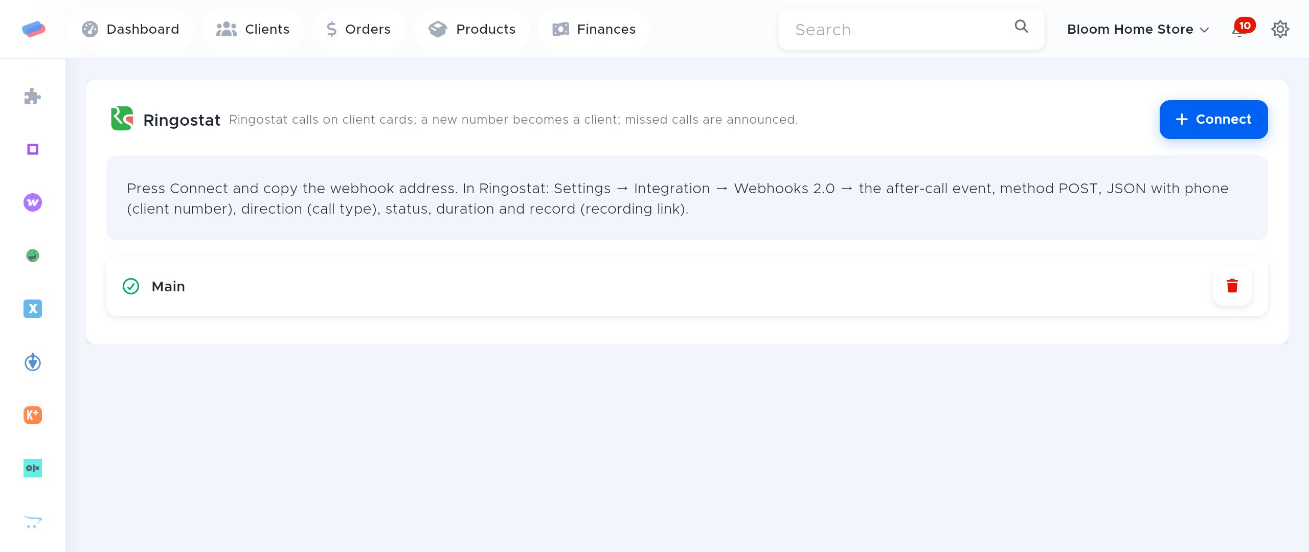 The “Ringostat” module page in anyCRM