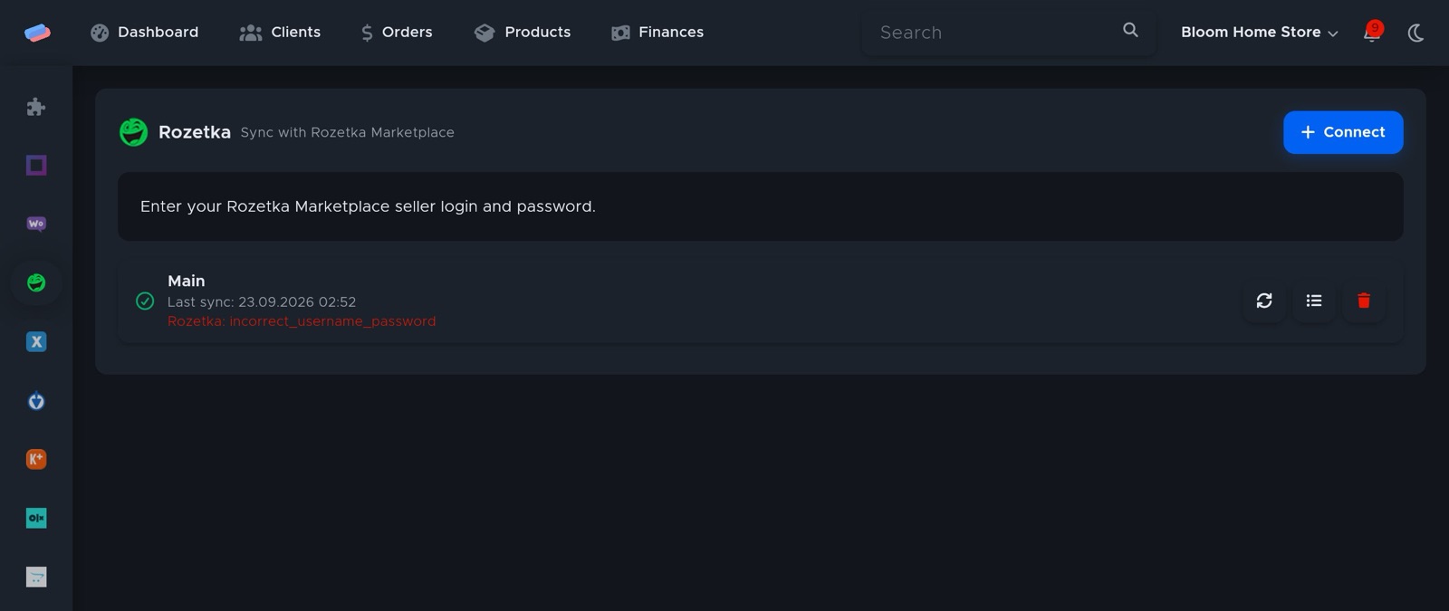 The “Rozetka” module page in anyCRM