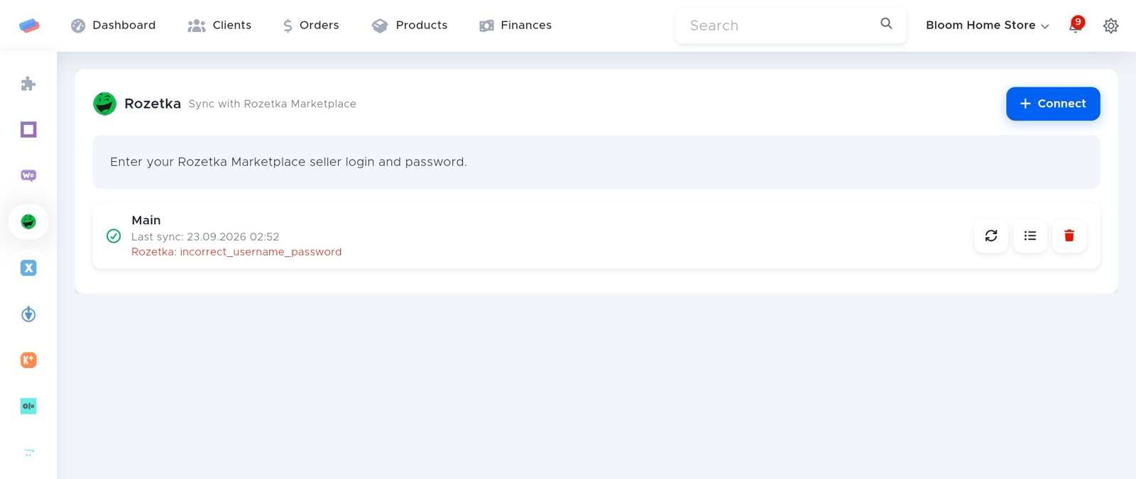 The “Rozetka” module page in anyCRM