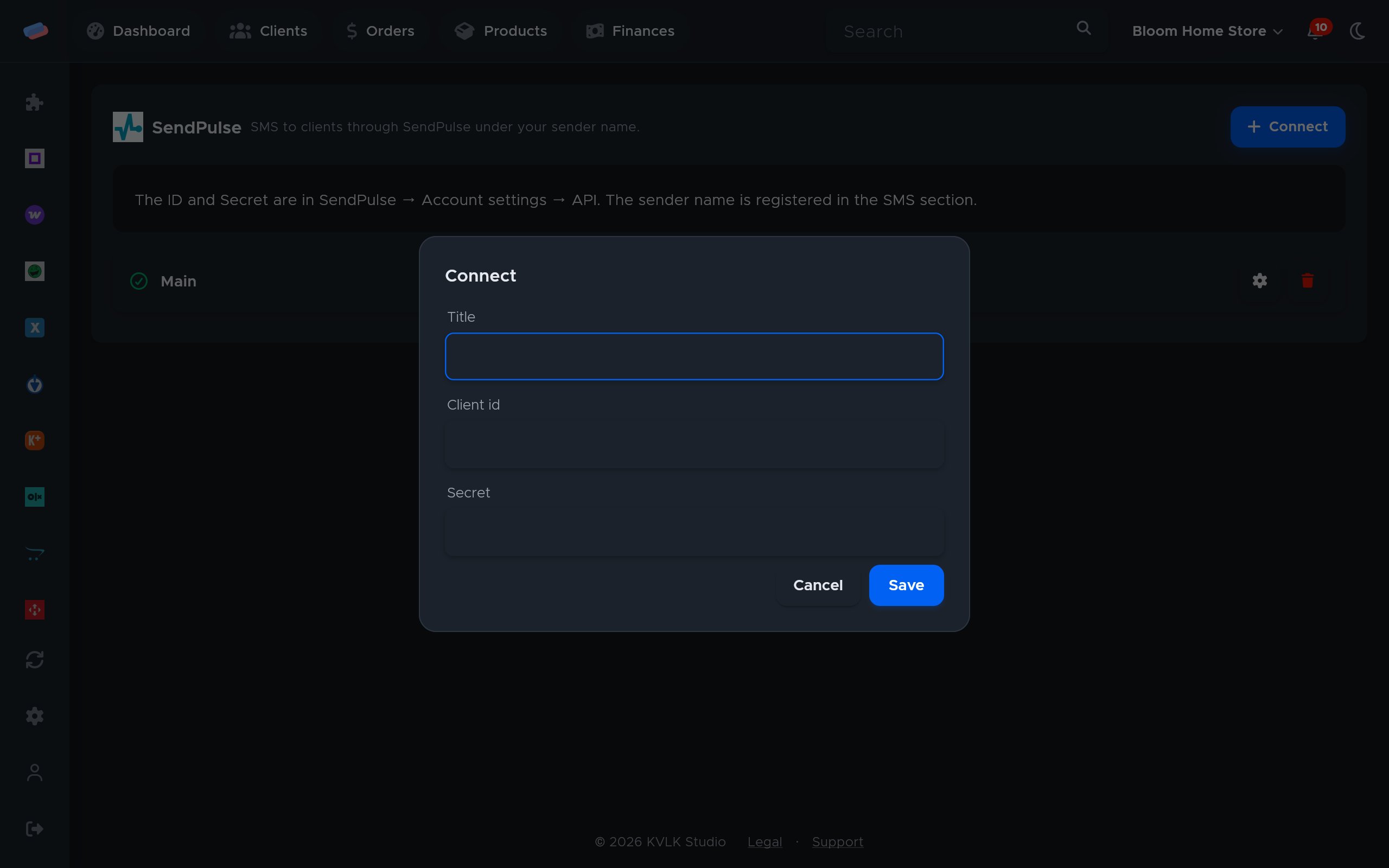 The “SendPulse” connection dialog