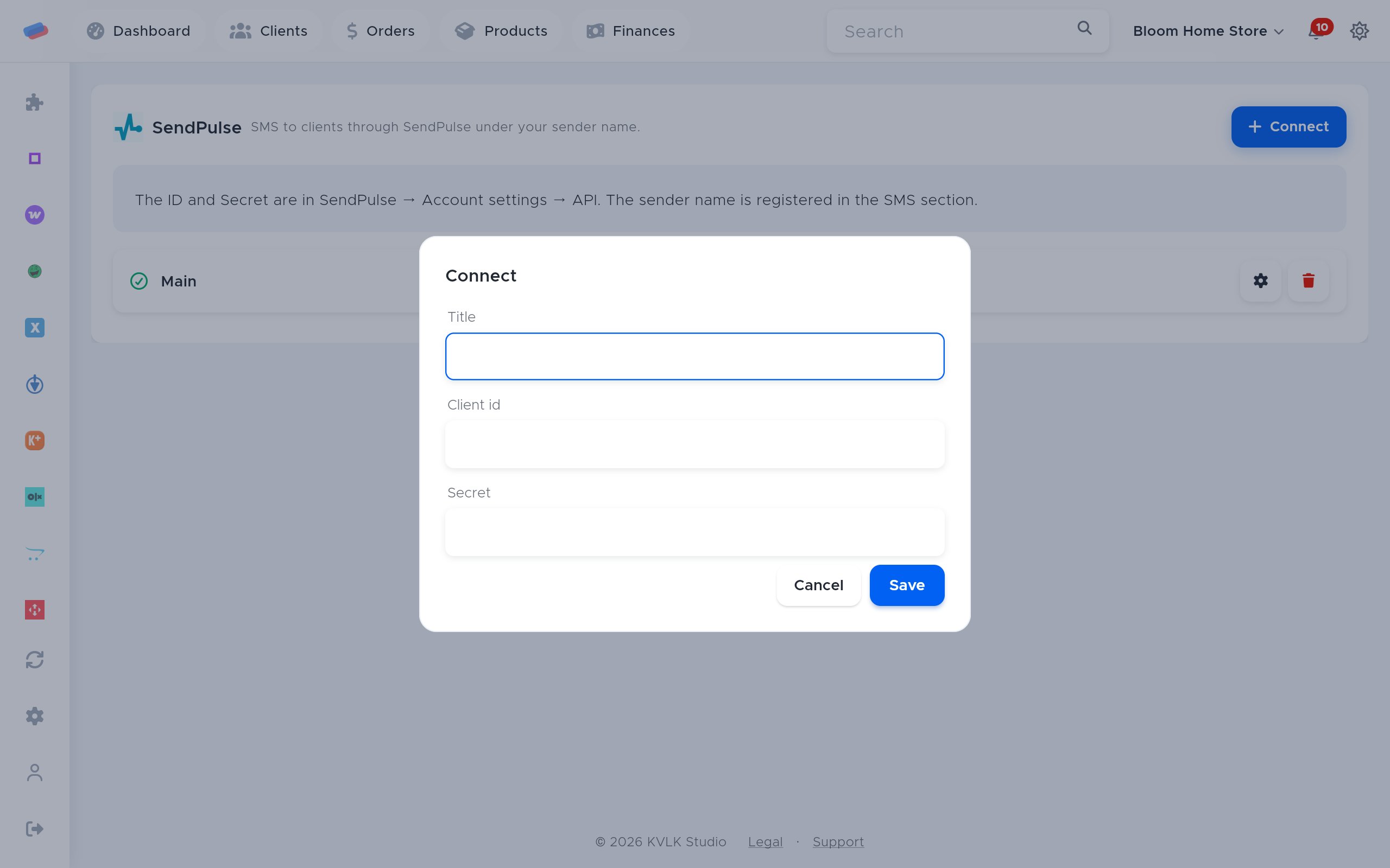 The “SendPulse” connection dialog