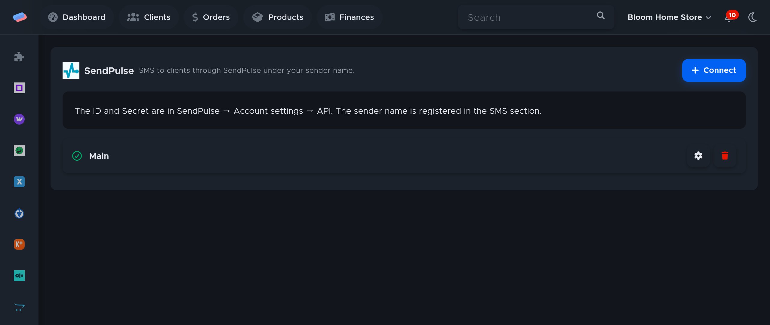The “SendPulse” module page in anyCRM