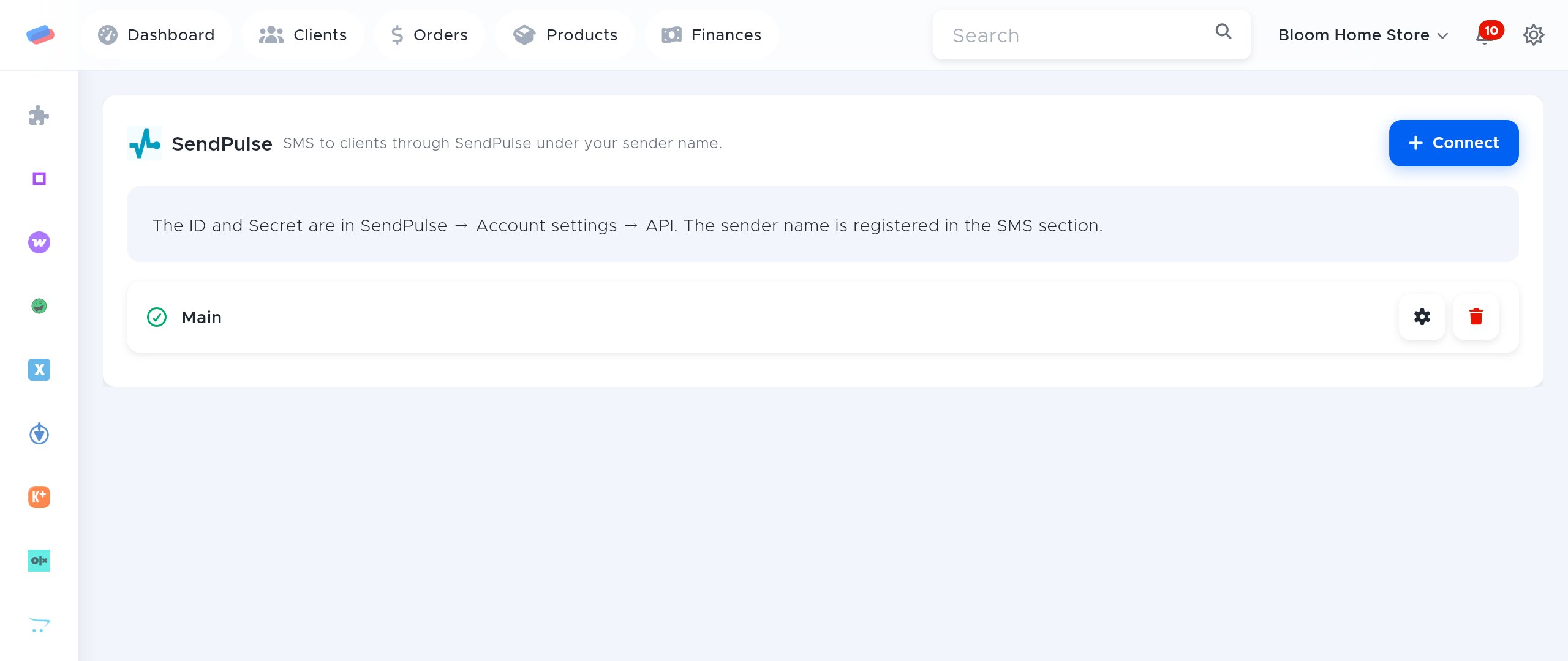The “SendPulse” module page in anyCRM