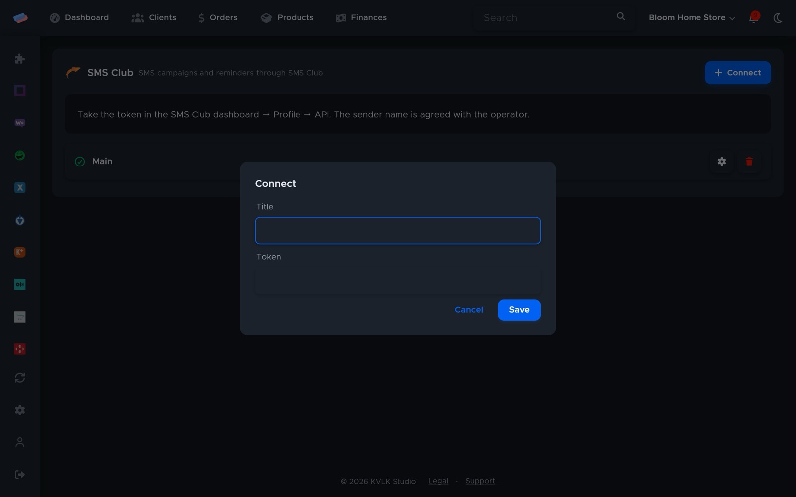 The “SMS Club” connection dialog