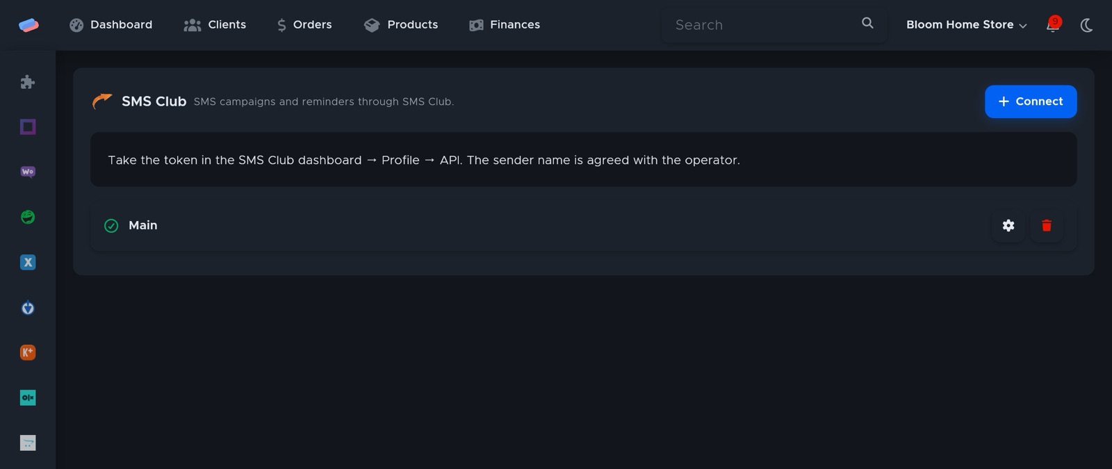 The “SMS Club” module page in anyCRM