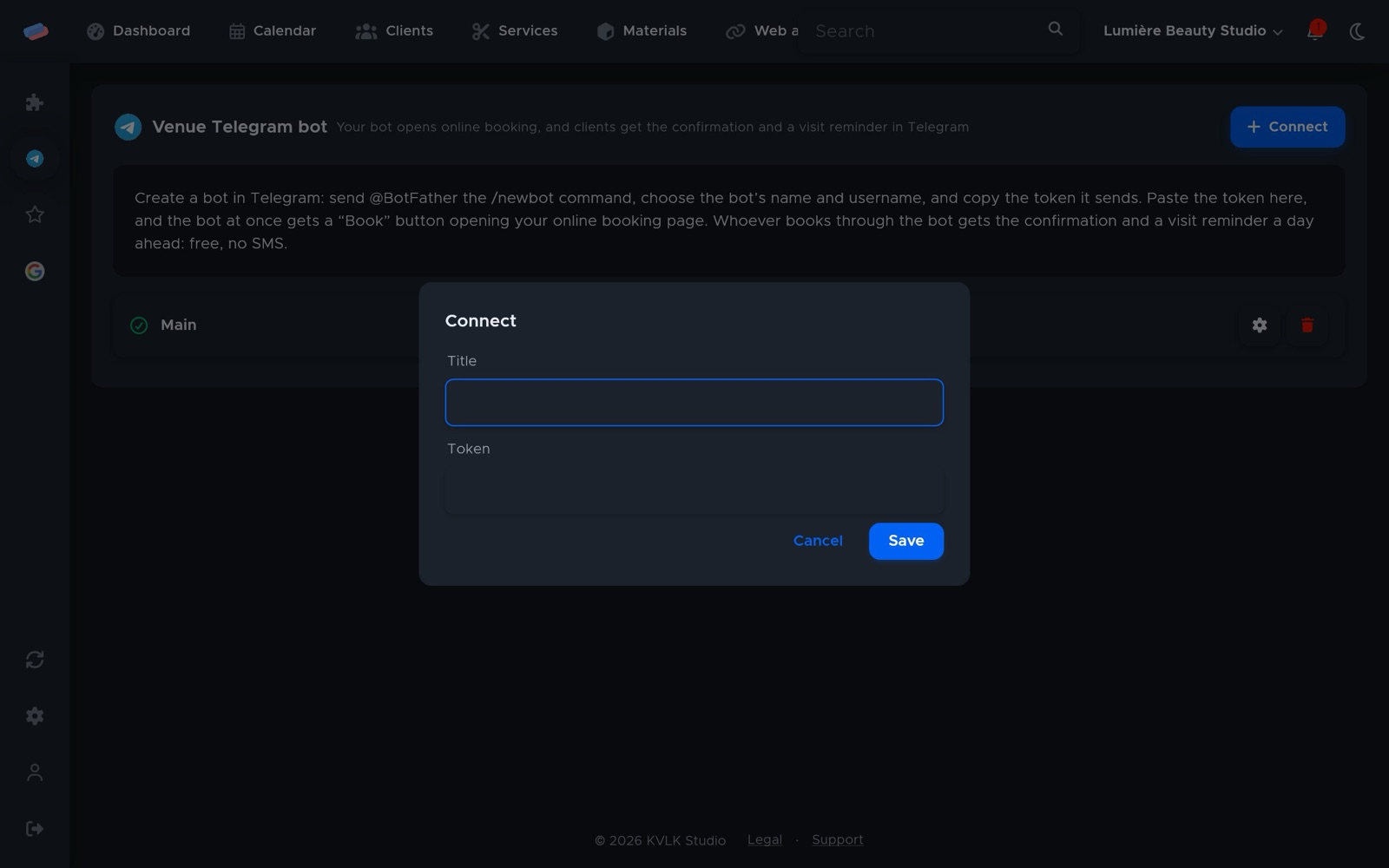 The “Venue Telegram bot” connection dialog