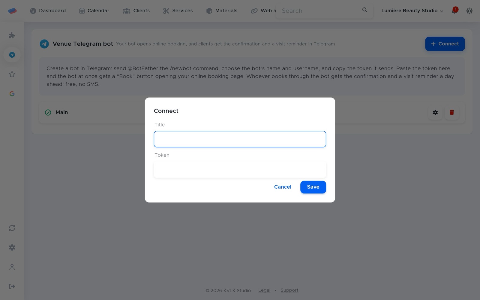 The “Venue Telegram bot” connection dialog