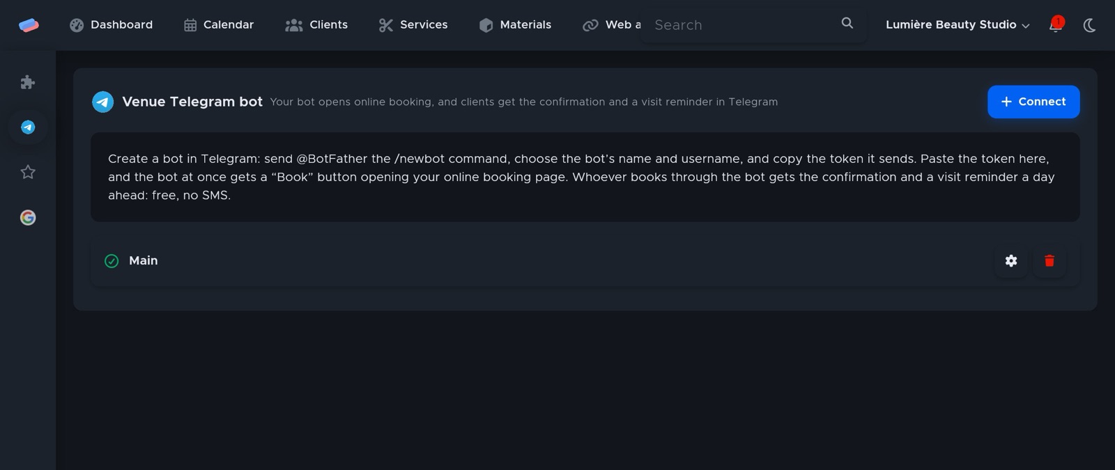 The “Venue Telegram bot” module page in anyCRM