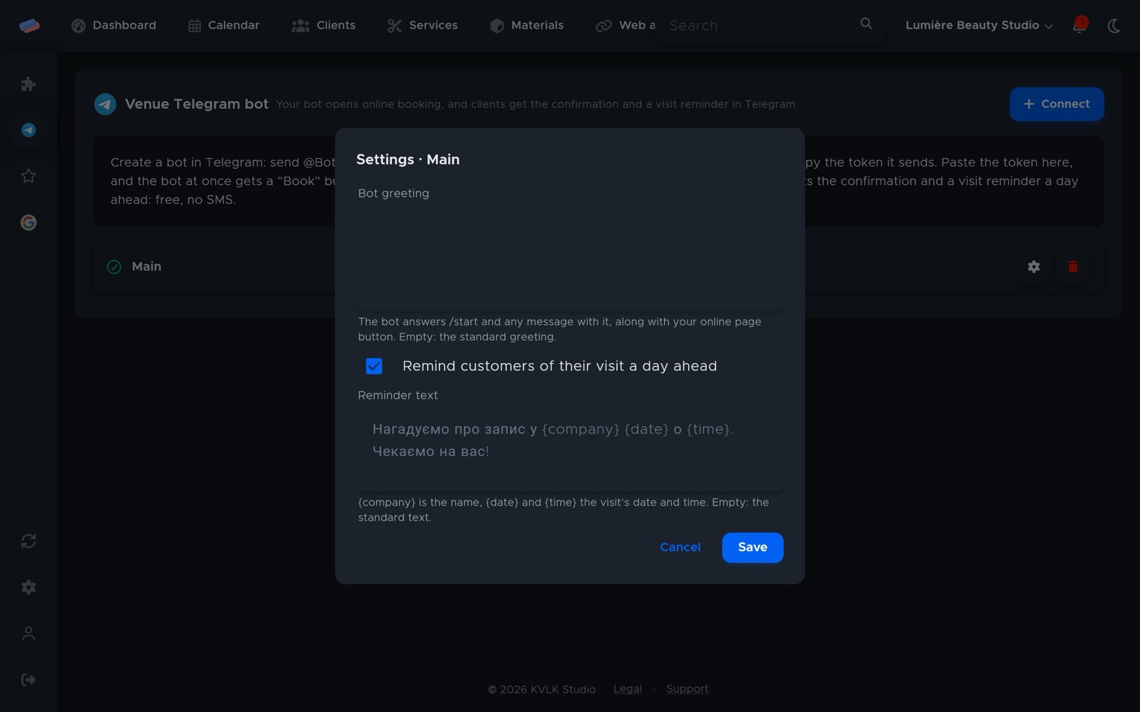“Venue Telegram bot” settings after connecting