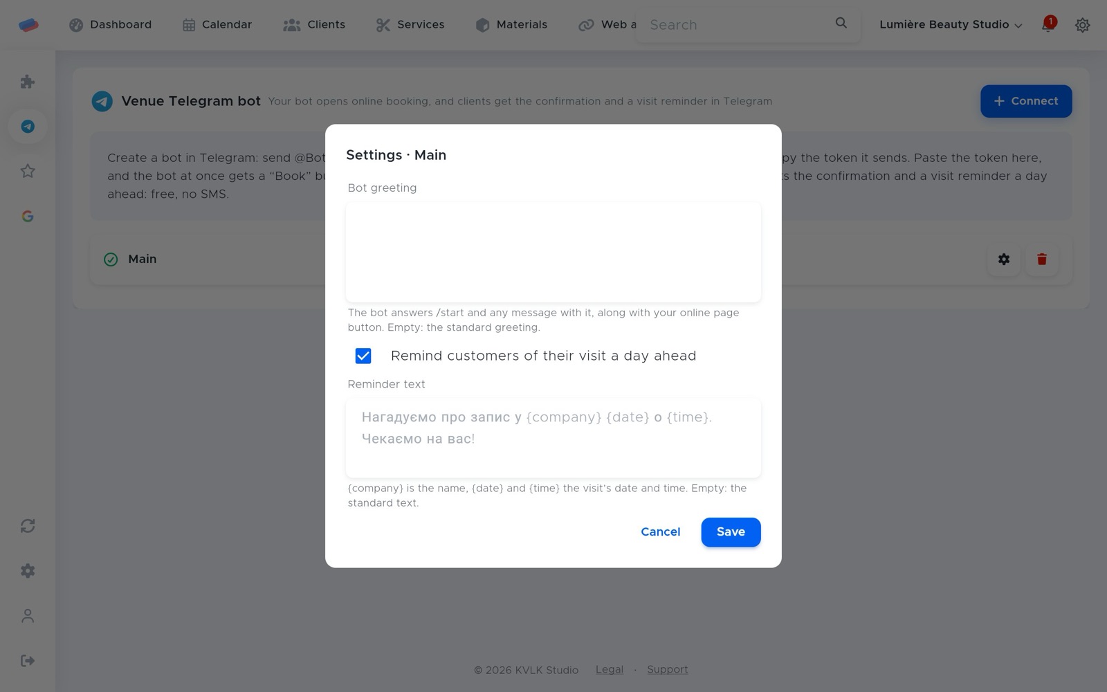 “Venue Telegram bot” settings after connecting