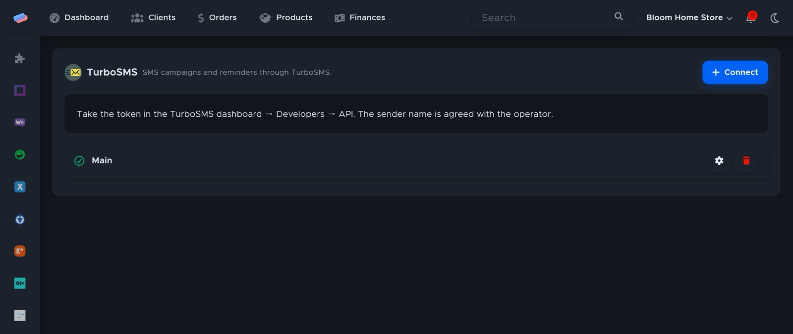 The “TurboSMS” module page in anyCRM
