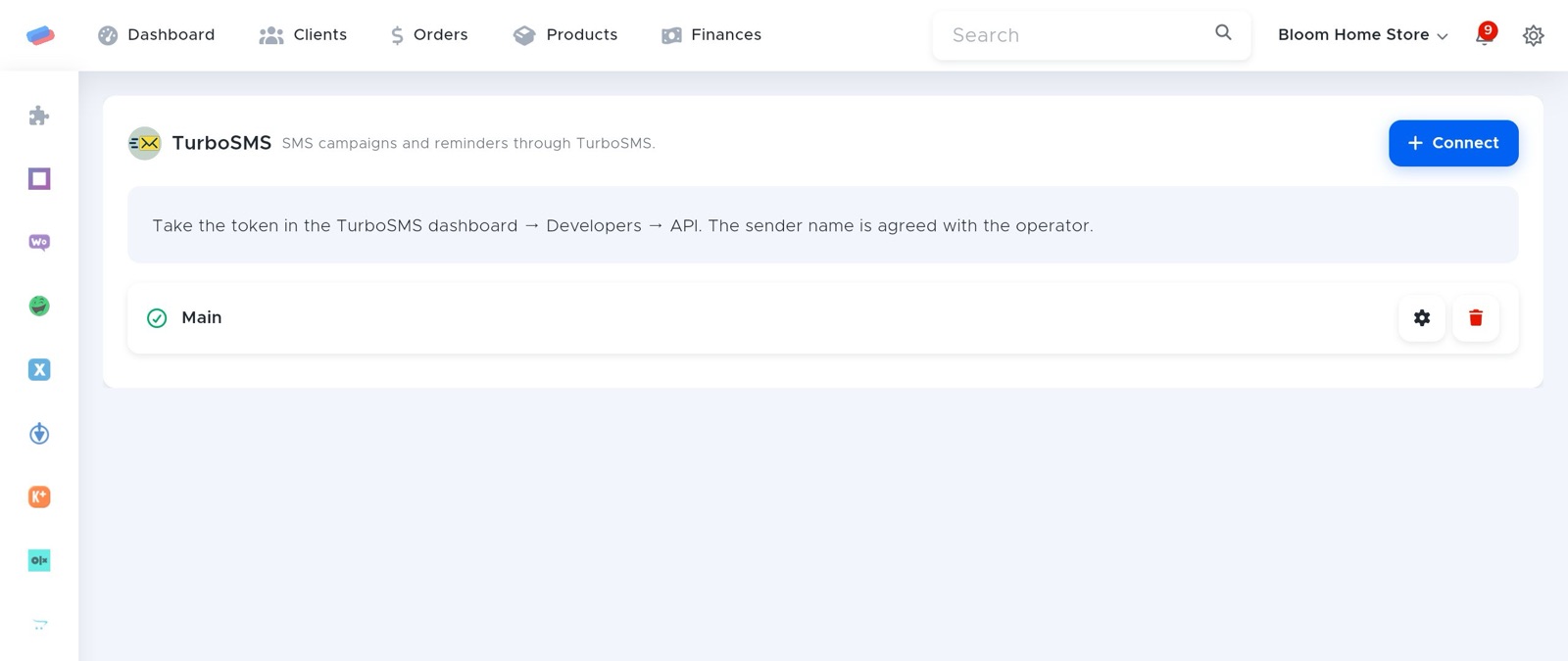 The “TurboSMS” module page in anyCRM
