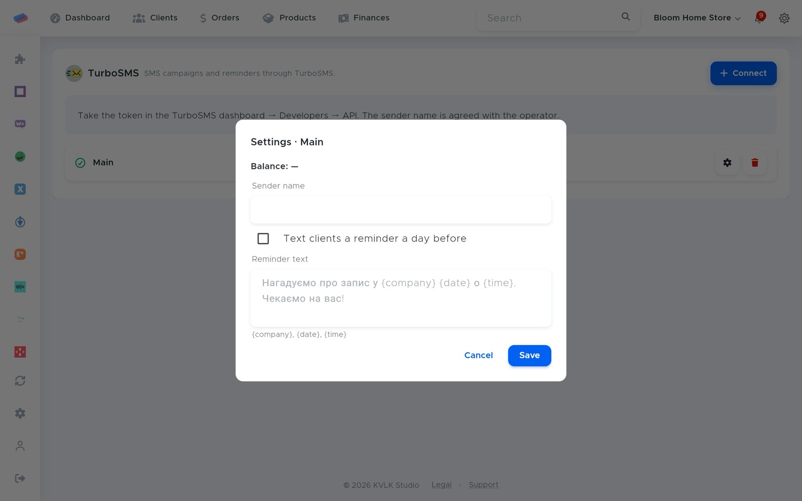 “TurboSMS” settings after connecting