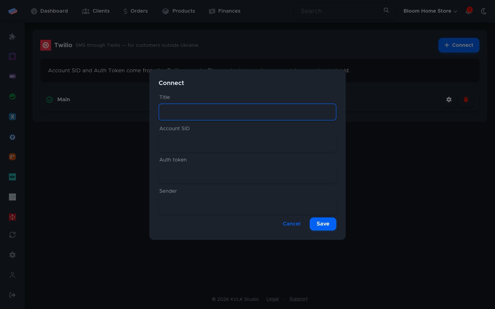 The “Twilio” connection dialog