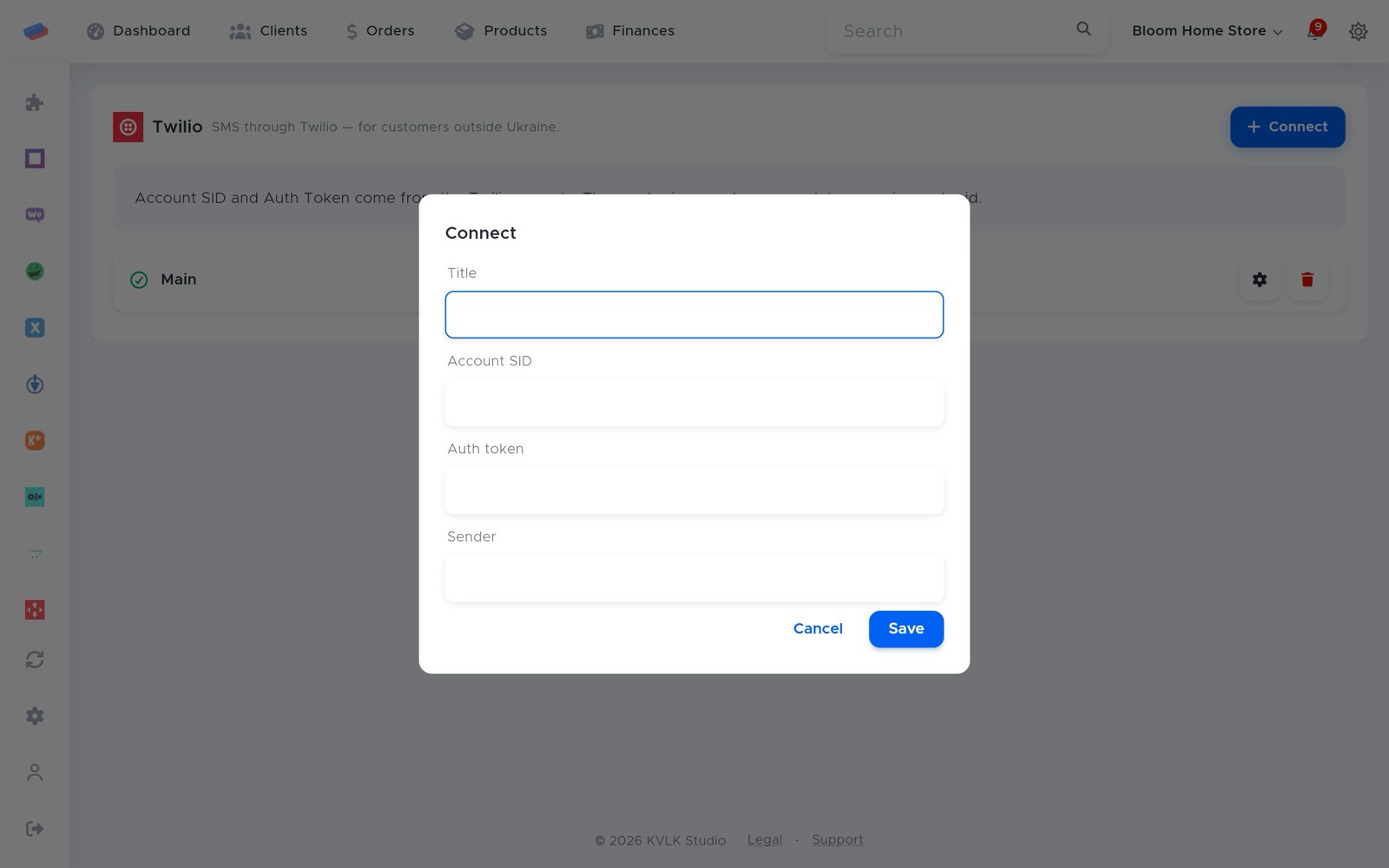 The “Twilio” connection dialog