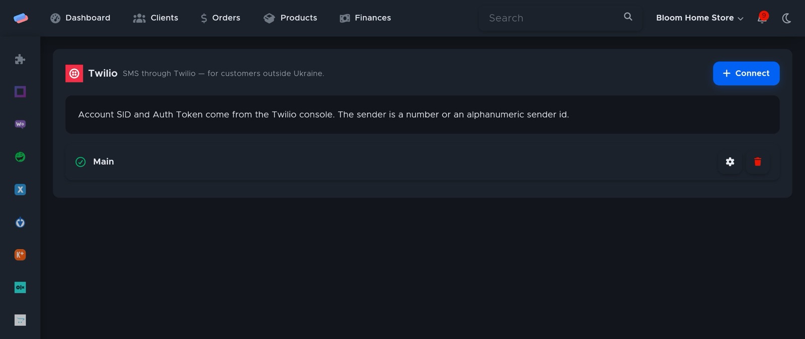 The “Twilio” module page in anyCRM