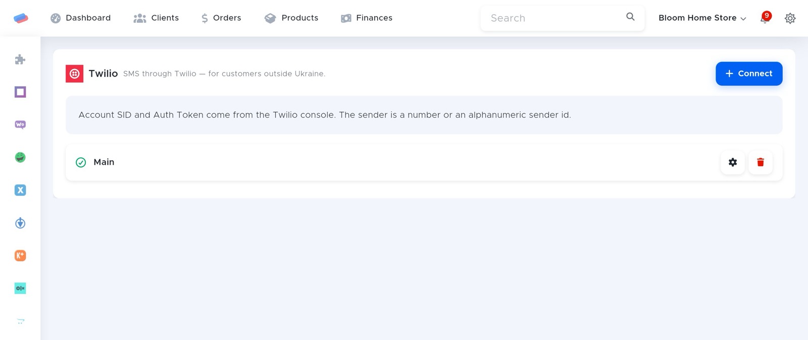 The “Twilio” module page in anyCRM