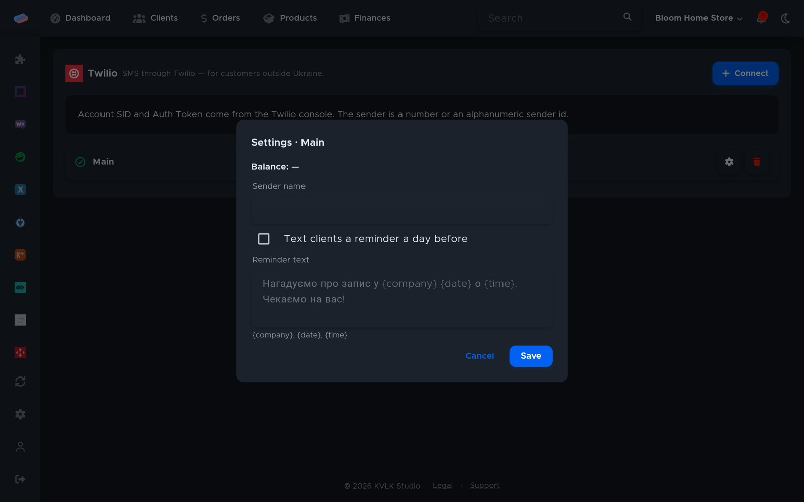 “Twilio” settings after connecting