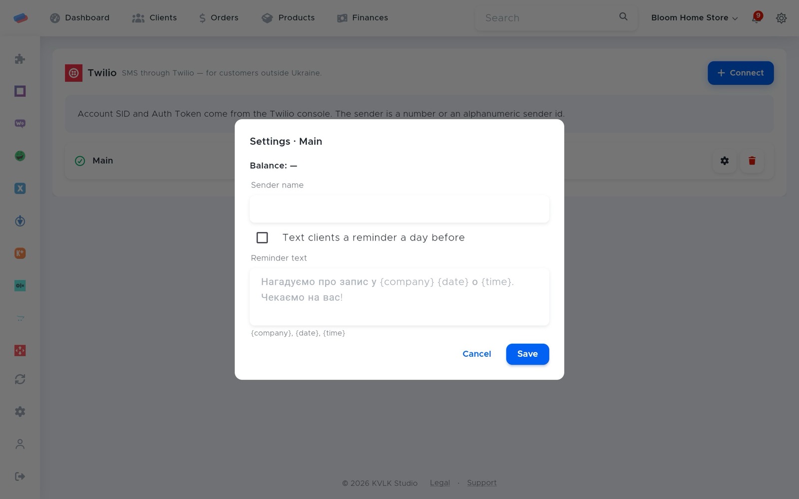 “Twilio” settings after connecting