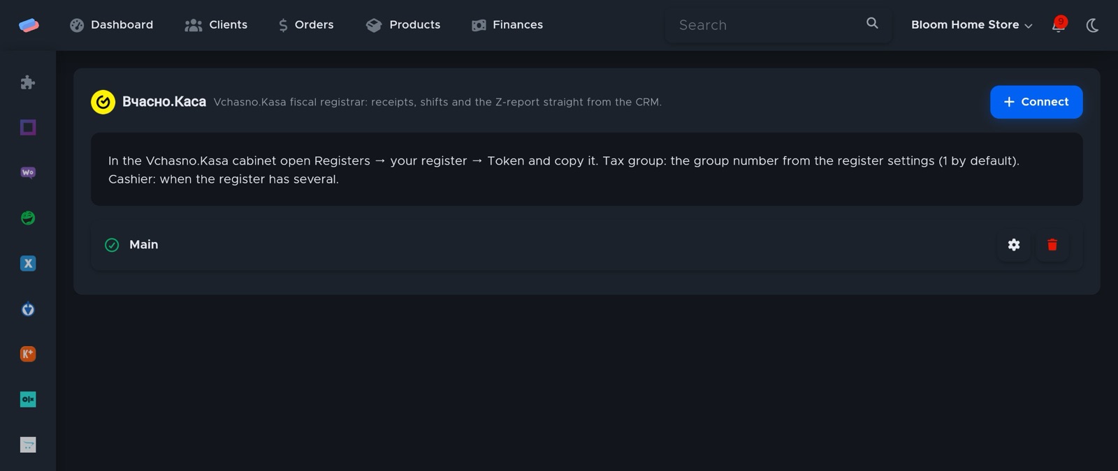The “Vchasno.Kasa” module page in anyCRM