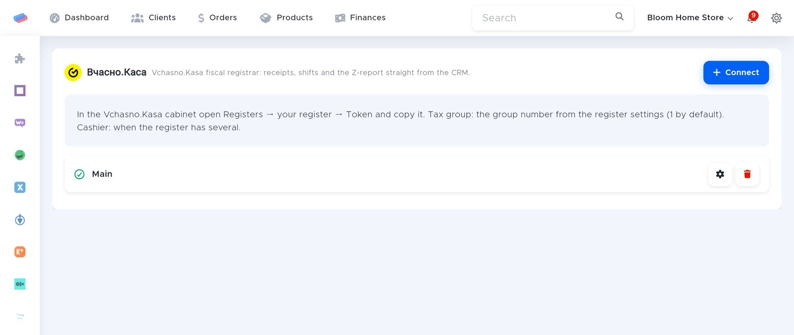 The “Vchasno.Kasa” module page in anyCRM