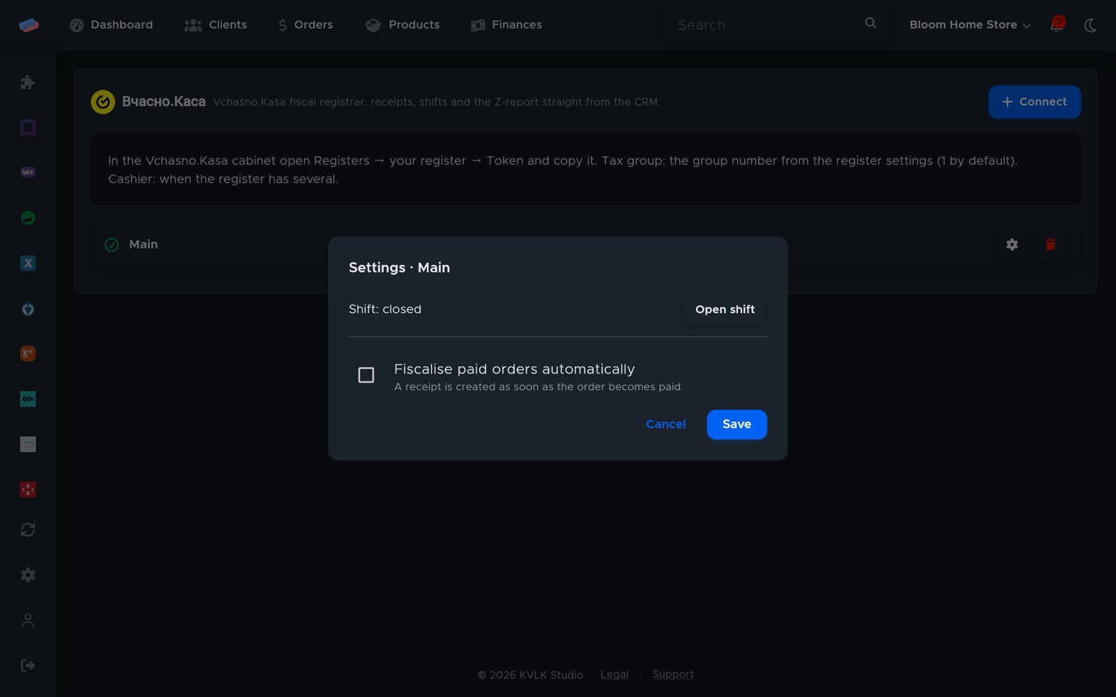 “Vchasno.Kasa” settings after connecting