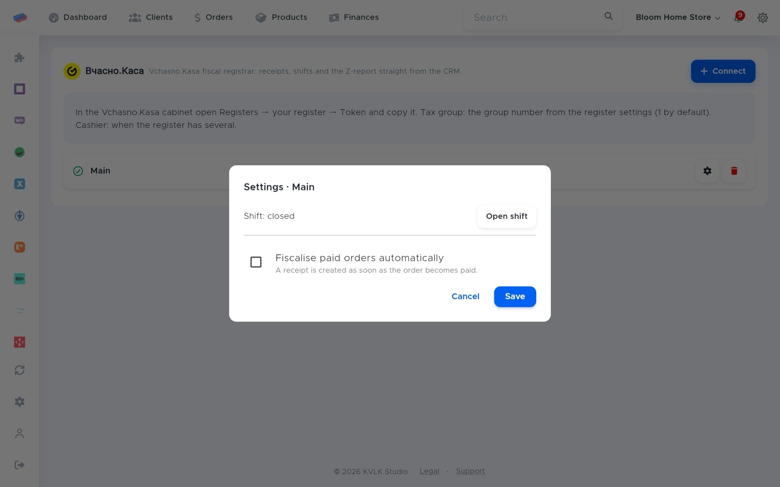 “Vchasno.Kasa” settings after connecting