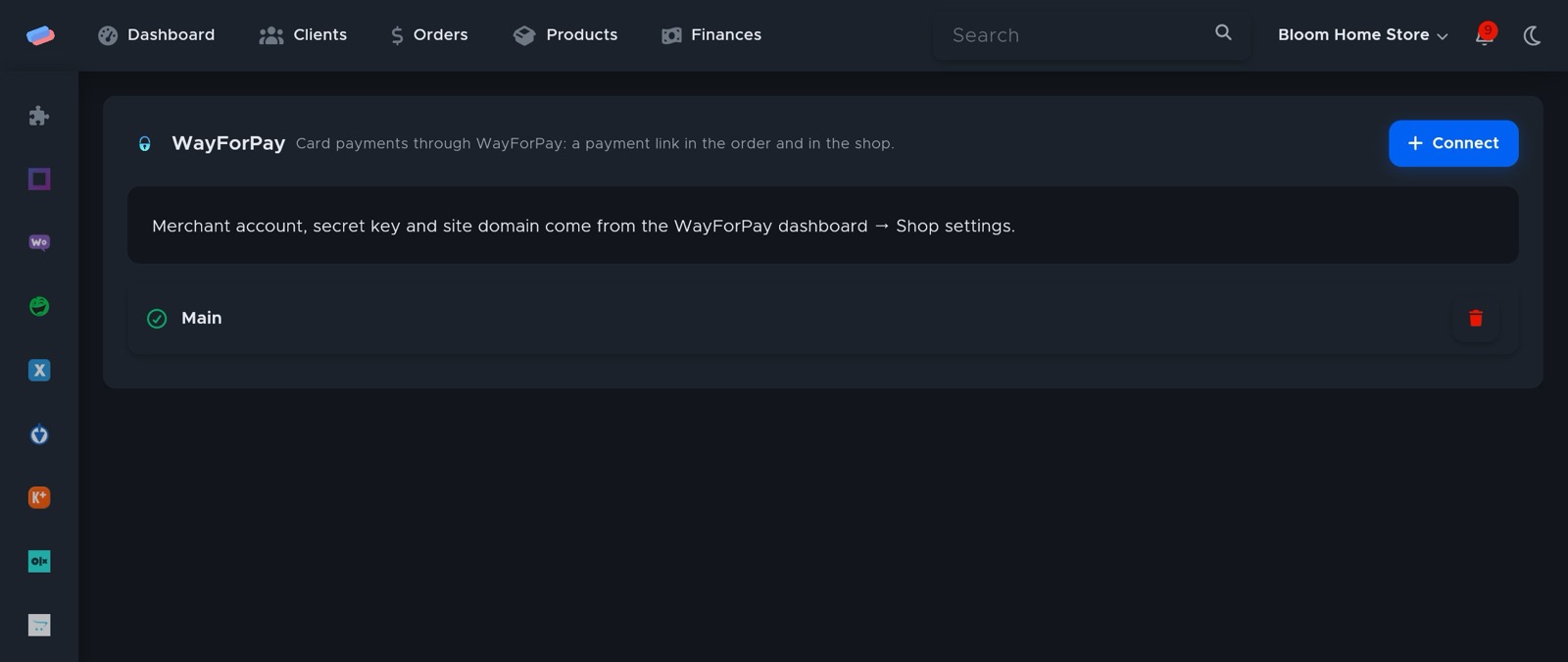 The “WayForPay” module page in anyCRM