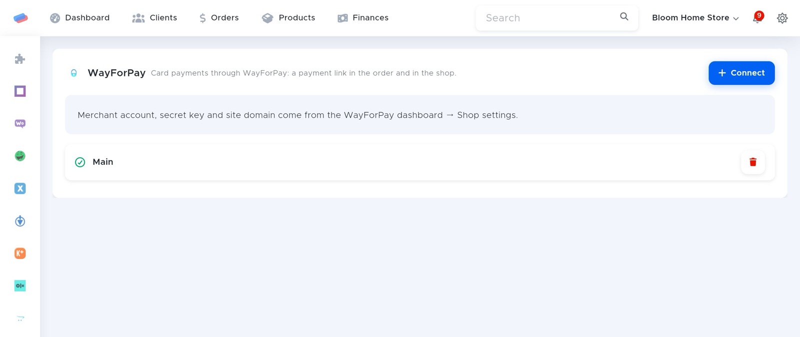 The “WayForPay” module page in anyCRM